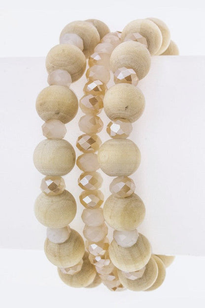 Beaded Stretch Bracelet Set Wood And Gold Toned Boho