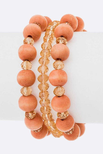 Beaded Stretch Bracelet Set Wood And Gold Toned Boho