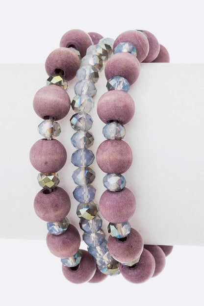 Beaded Stretch Bracelet Set Wood And Gold Toned Boho