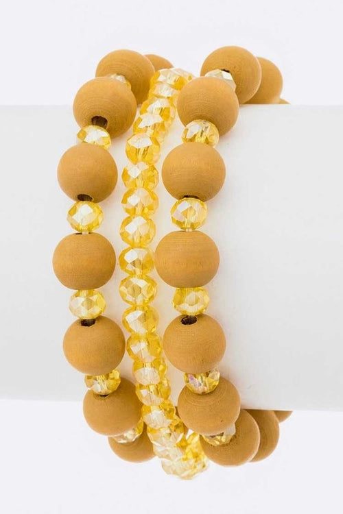 Beaded Stretch Bracelet Set Wood And Gold Toned Boho