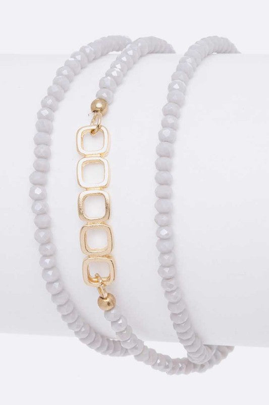 Beaded Stretch Bracelet White Glass Beads Gold Accent
