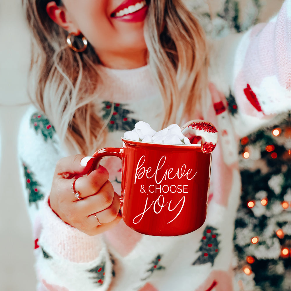 Believe And Joy Ceramic Campfire Mug 14.5oz Red Green Double-Sided White Text