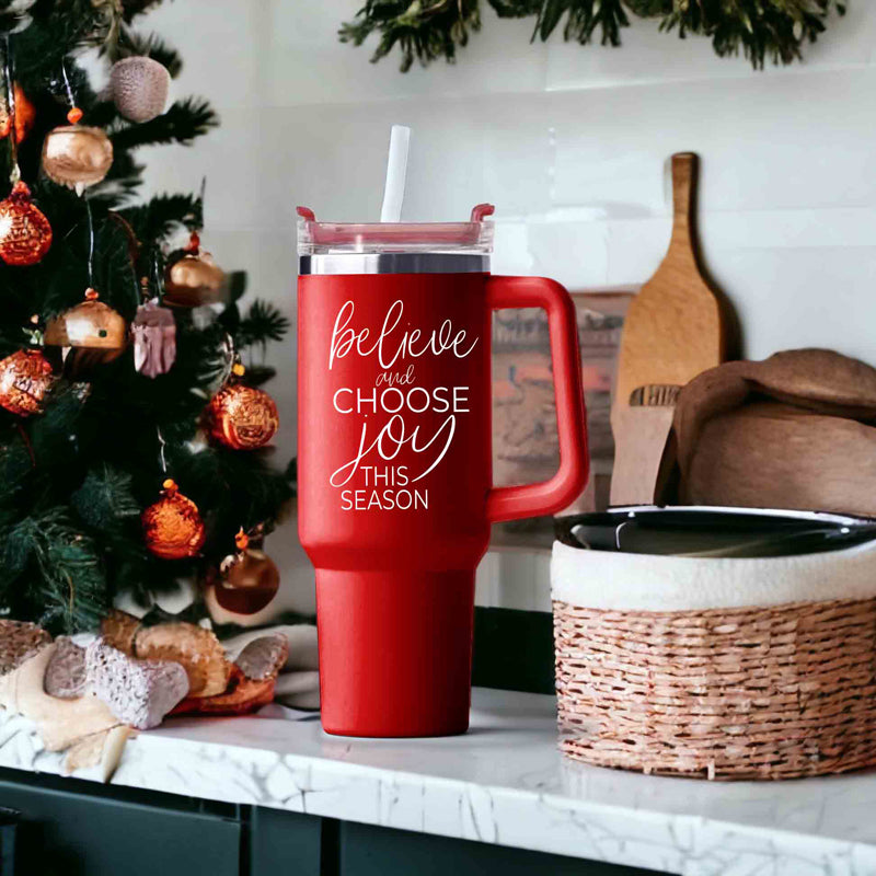 Believe Joy 40oz Insulated Tumbler With Handle Lid Straw Holiday Travel Mug