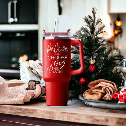 Believe Joy 40oz Insulated Tumbler With Handle Lid Straw Holiday Travel Mug