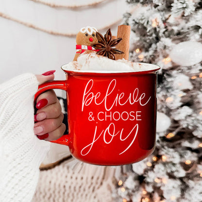 Believe And Joy Ceramic Campfire Mug 14.5oz Red Green Double-Sided White Text