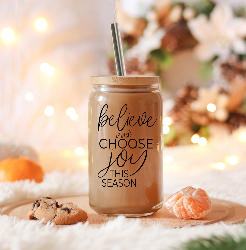 17oz Glass Tumbler With Bamboo Lid, 2 Steel Straws And Cleaner - Believe Joy