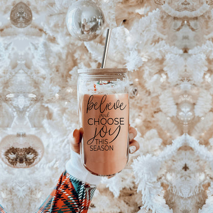 17oz Glass Tumbler With Bamboo Lid, 2 Steel Straws And Cleaner - Believe Joy