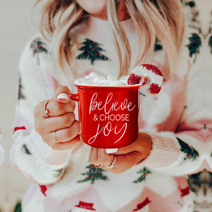 Believe And Joy Ceramic Campfire Mug 14.5oz Red Green Double-Sided White Text