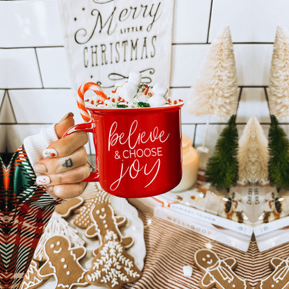 Believe And Joy Ceramic Campfire Mug 14.5oz Red Green Double-Sided White Text