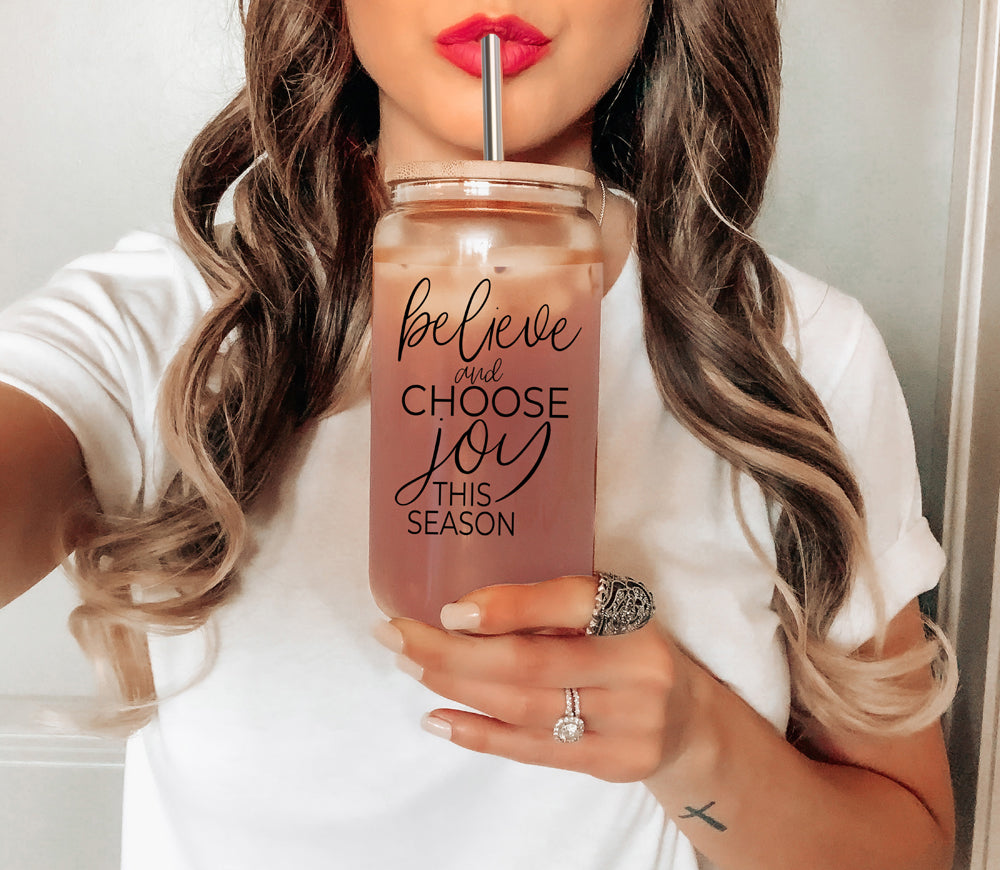 17oz Glass Tumbler With Bamboo Lid, 2 Steel Straws And Cleaner - Believe Joy