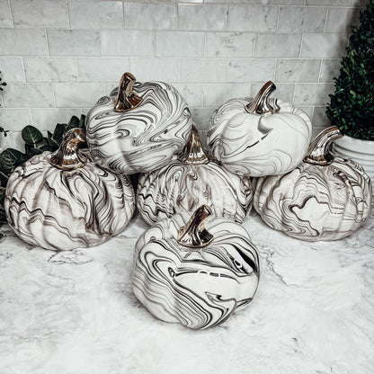Black Marble Pumpkin Gold Stem Handcrafted Luxury Halloween Decor Accent
