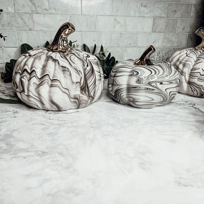 Black Marble Pumpkin Gold Stem Handcrafted Luxury Halloween Decor Accent