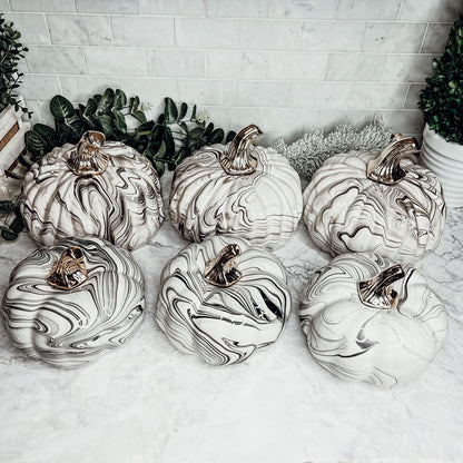 Black Marble Pumpkin Gold Stem Handcrafted Luxury Halloween Decor Accent
