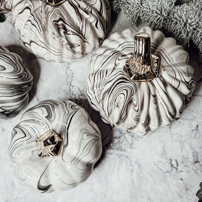 Black Marble Pumpkin Gold Stem Handcrafted Luxury Halloween Decor Accent
