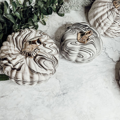 Black Marble Pumpkin Gold Stem Handcrafted Luxury Halloween Decor Accent