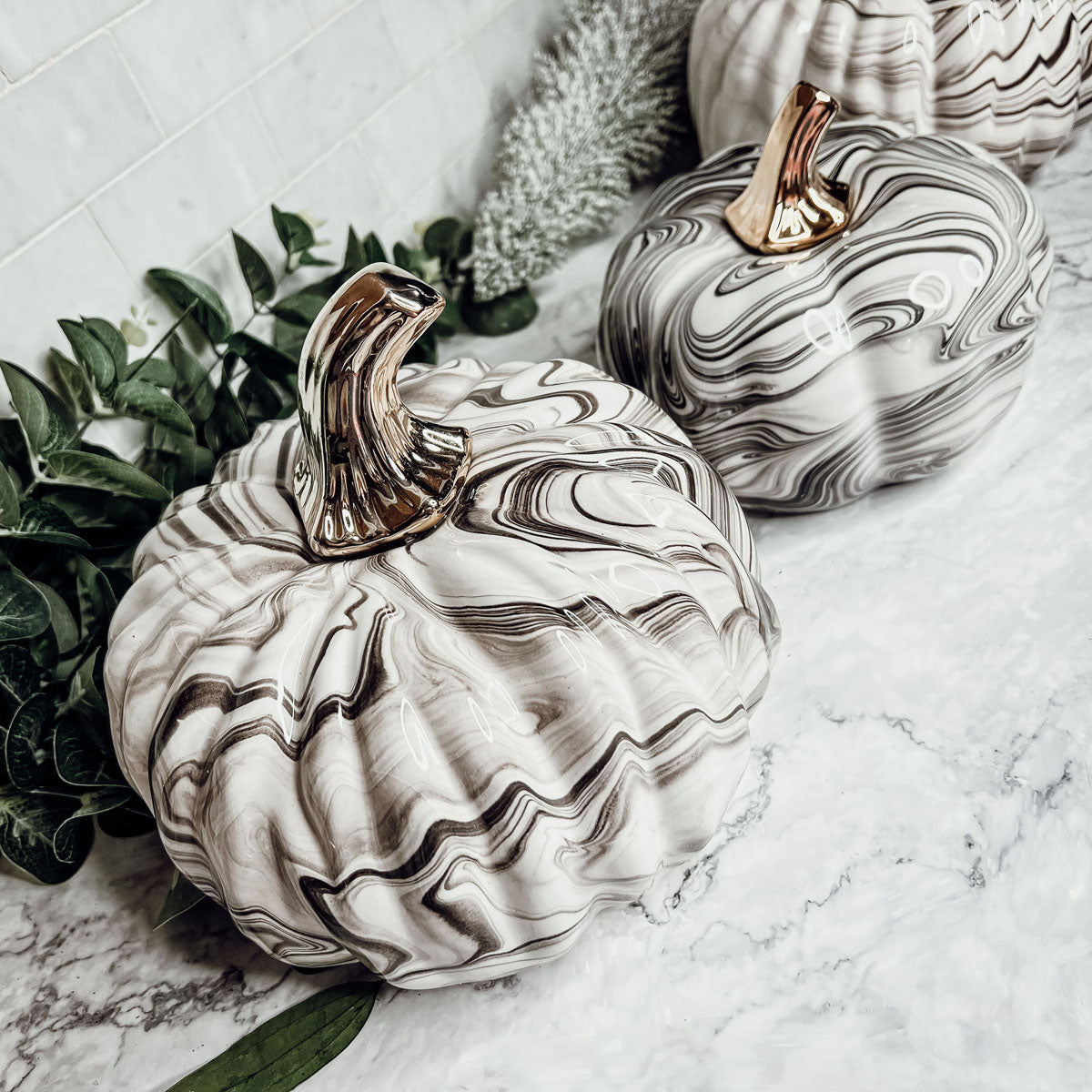 Black Marble Pumpkin Gold Stem Handcrafted Luxury Halloween Decor Accent