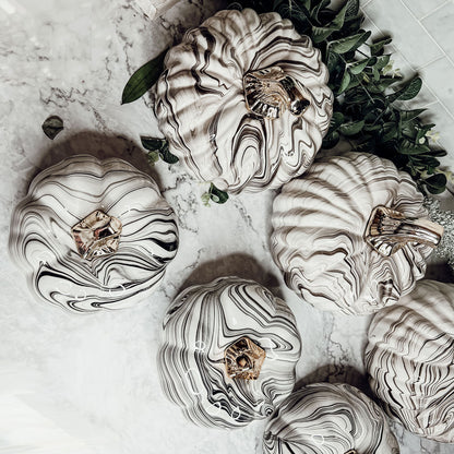 Black Marble Pumpkin Gold Stem Handcrafted Luxury Halloween Decor Accent