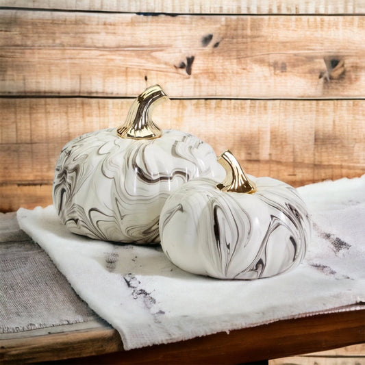 Black Marble Pumpkin Gold Stem Handcrafted Luxury Halloween Decor Accent