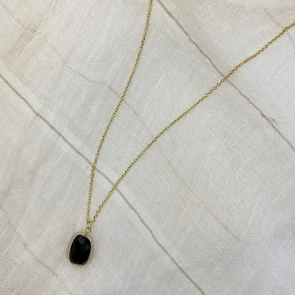 Black Quartz Pendant Necklace - Polished Crystal Brass Wire Minimal Layering