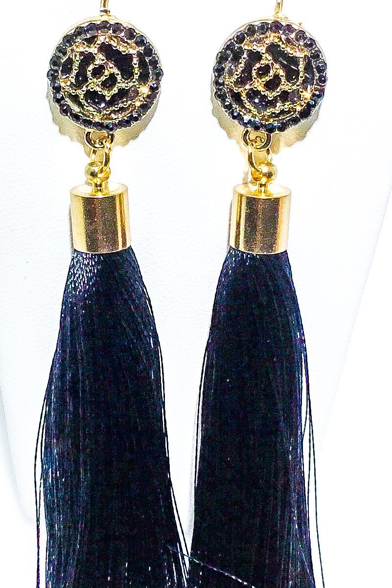 Indian Blue Tassel Drop Dangle Earrings Gold Accent
