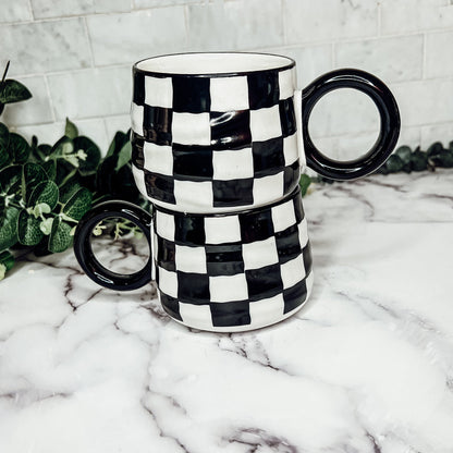 Black And White Checkered Ceramic Mug 13.5oz Hand-Painted Retro Dishwasher Safe