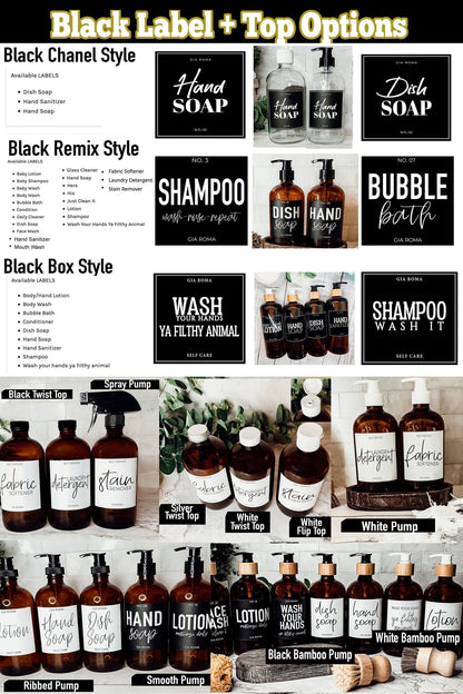 16oz Amber Glass Boston Round Soap Refill Bottle Black Label Set