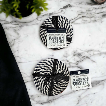 Blue Braided Holiday Coaster Set 4 Pack Candy Cane Stripe Table Protectors Absorbent Drink Mats