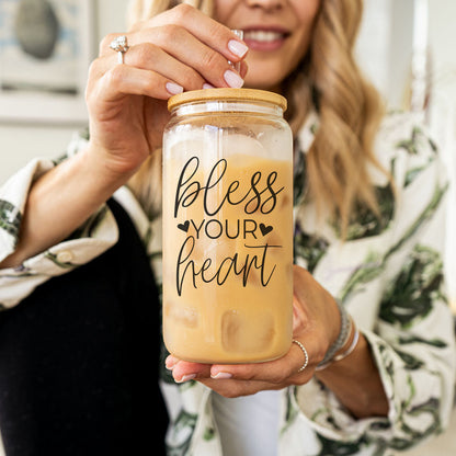 Bless Your Heart 20oz Glass Tumbler With Bamboo Lid - Sassy Coffee Cup
