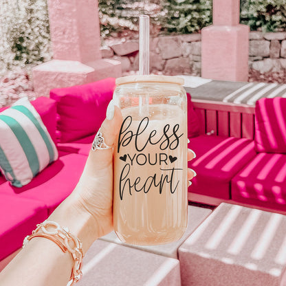 Bless Your Heart 20oz Glass Tumbler With Bamboo Lid - Sassy Coffee Cup