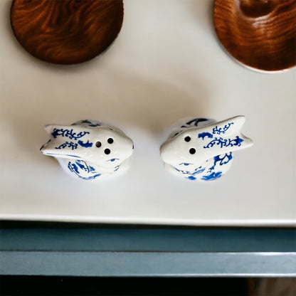 Blue Bunny Porcelain Salt and Pepper Shakers Hand-Painted Easter Spring Decor
