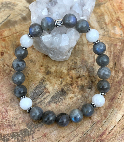 Blue Flash Labradorite Rainbow Moonstone Stretch Bracelet