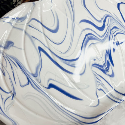 Blue White Marble Pumpkin Serving Platters Set of 2 With Gold Stem