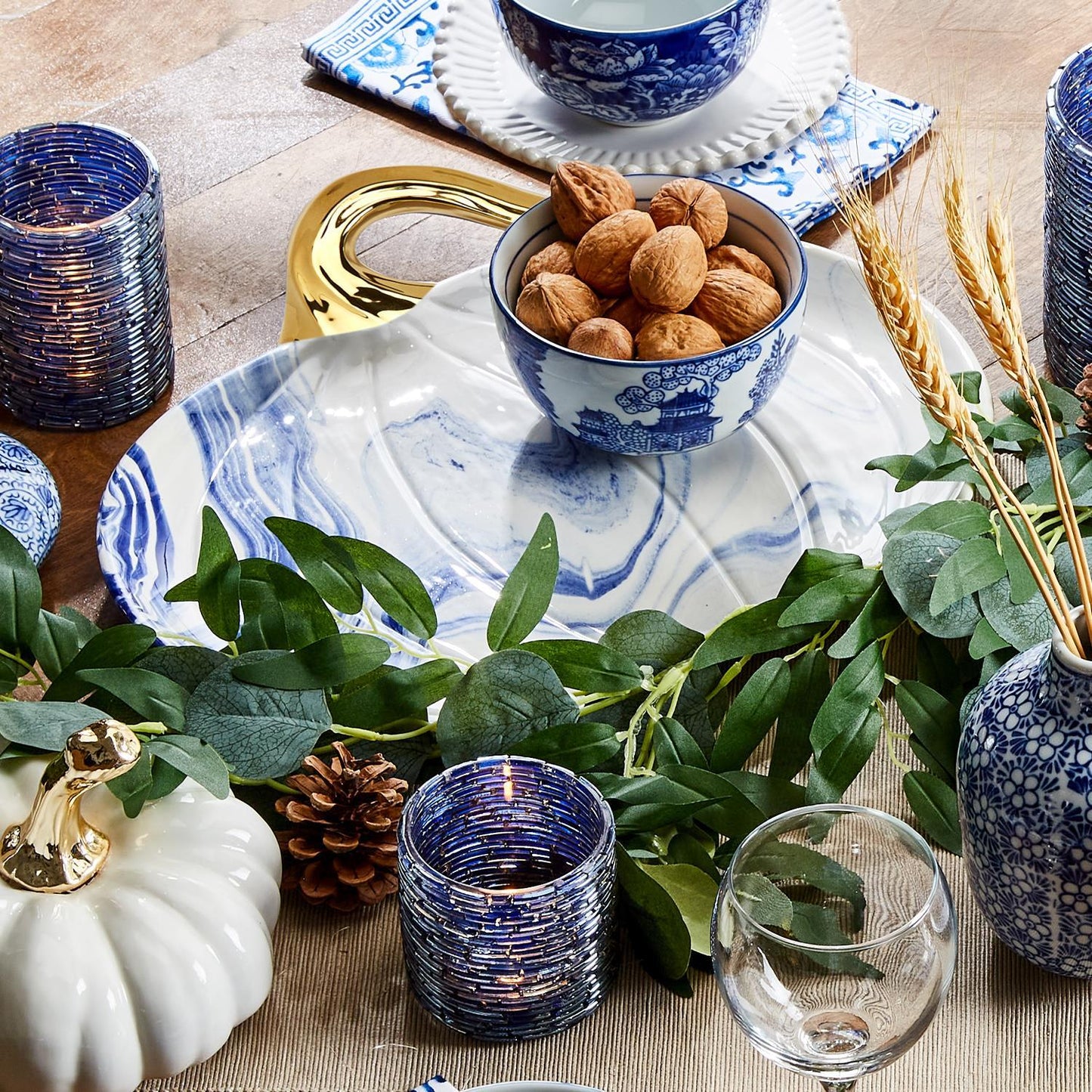Blue White Marble Pumpkin Serving Platters Set of 2 With Gold Stem