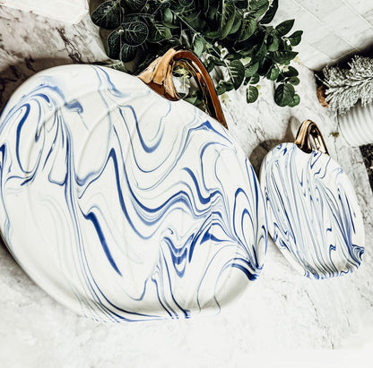 Blue White Marble Pumpkin Serving Platters Set of 2 With Gold Stem