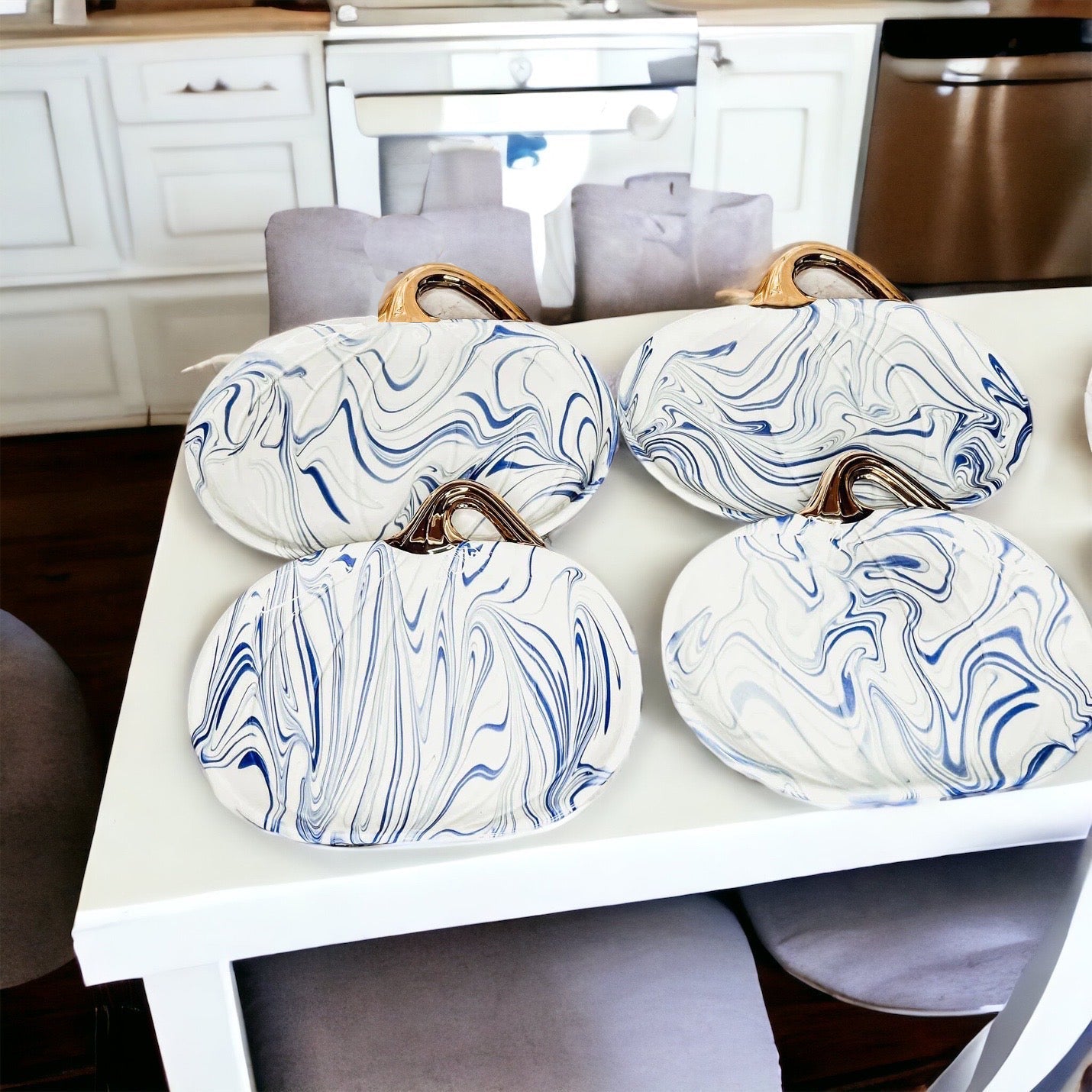 Blue White Marble Pumpkin Serving Platters Set of 2 With Gold Stem