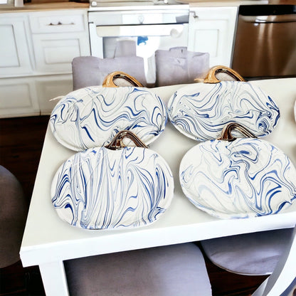 Blue White Marble Pumpkin Serving Platters Set of 2 With Gold Stem