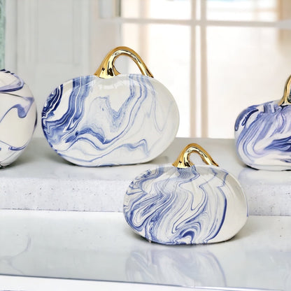 Blue White Marble Pumpkin Serving Platters Set of 2 With Gold Stem