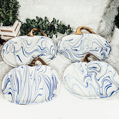 Blue White Marble Pumpkin Serving Platters Set of 2 With Gold Stem