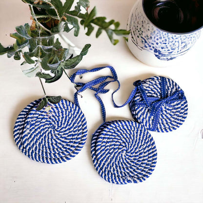 Blue Braided Holiday Coaster Set 4 Pack Candy Cane Stripe Table Protectors Absorbent Drink Mats