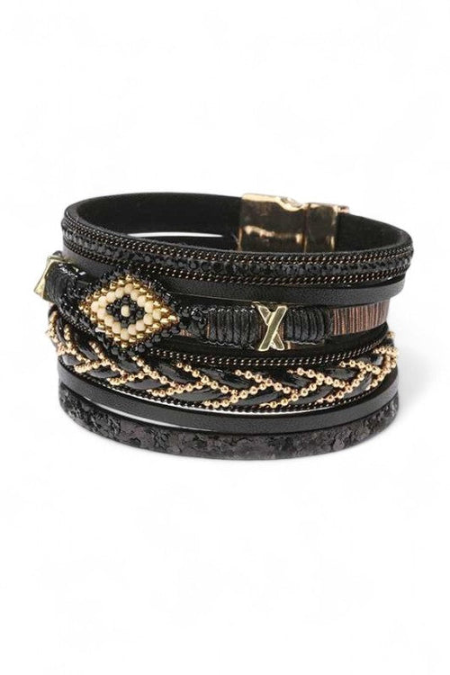 Bohemian Beaded Layered Magnetic Bracelet Red Leather