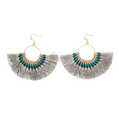 Tassel Fan Earrings Boho Cotton Tassel Lightweight 3in Drop Brass Handmade