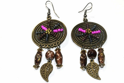Boho Dreamcatcher Beaded Earrings Orange Turquoise Fringe