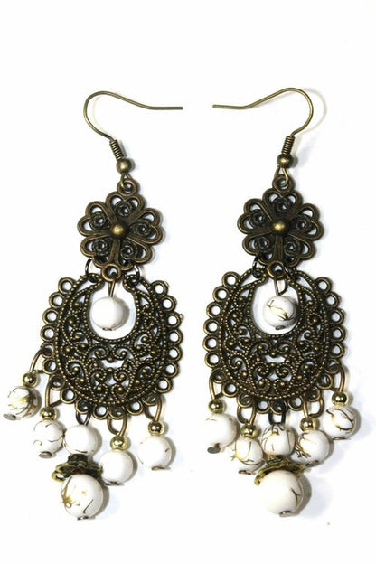 Boho Filigree Dangle Earrings White Stone Bead Chandelier