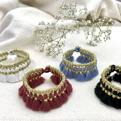Boho Kyra Tassel Cuff Bracelet 7 Inch Handwoven Metal Beads Cotton Tassels