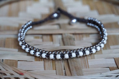 Boho Silver Anklet White Beaded Adjustable Beach Jewelry