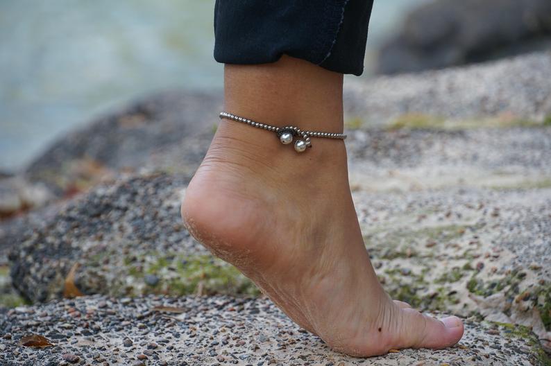 Boho Silver Anklet With White Elephant Pendant Beach