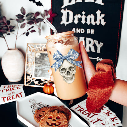 Bow Skull 20oz Insulated Glass Tumbler With Bamboo Lid And Stainless Straws