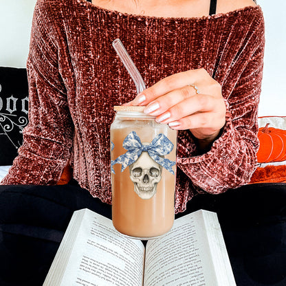 Bow Skull 20oz Insulated Glass Tumbler With Bamboo Lid And Stainless Straws