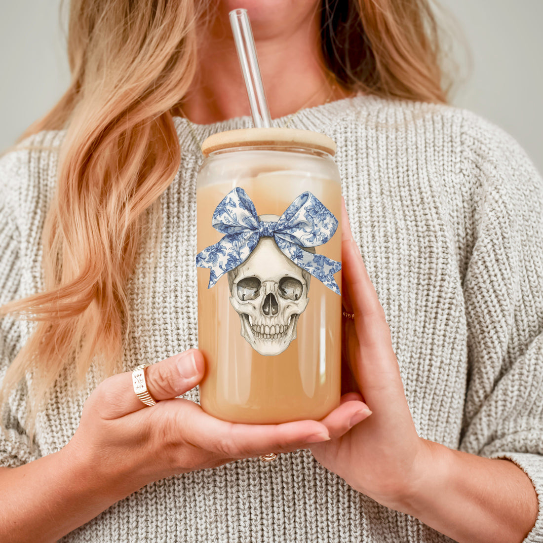 Bow Skull 20oz Insulated Glass Tumbler With Bamboo Lid And Stainless Straws