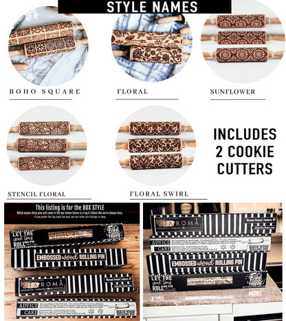 Boxed Rolling Pin Set - 5 Patterned Baking Pins, Kids Friendly, Wooden